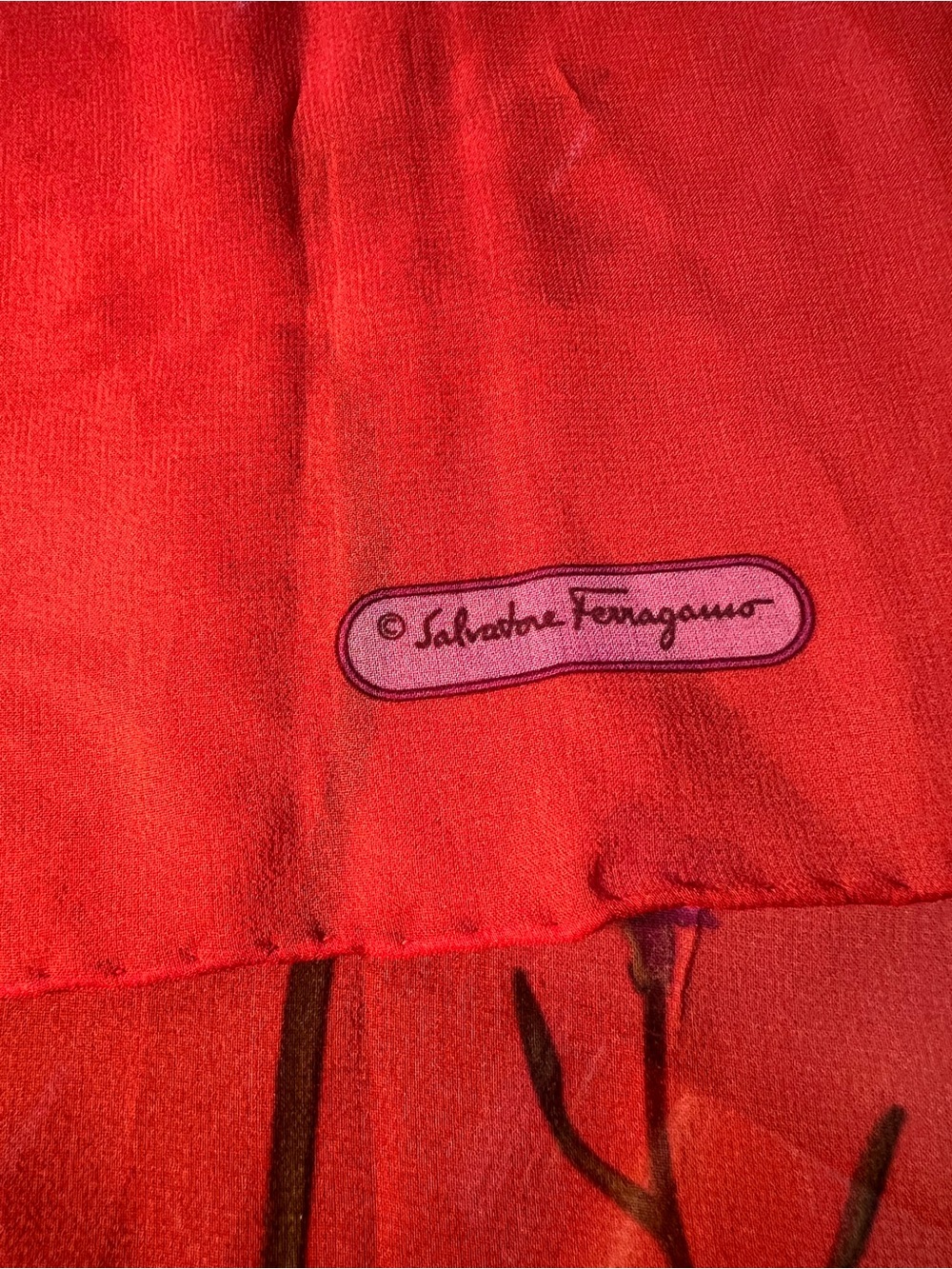 Salvatore Ferragamo Orange Silk Scarf w/ Flowers Signed 16x60” Italy